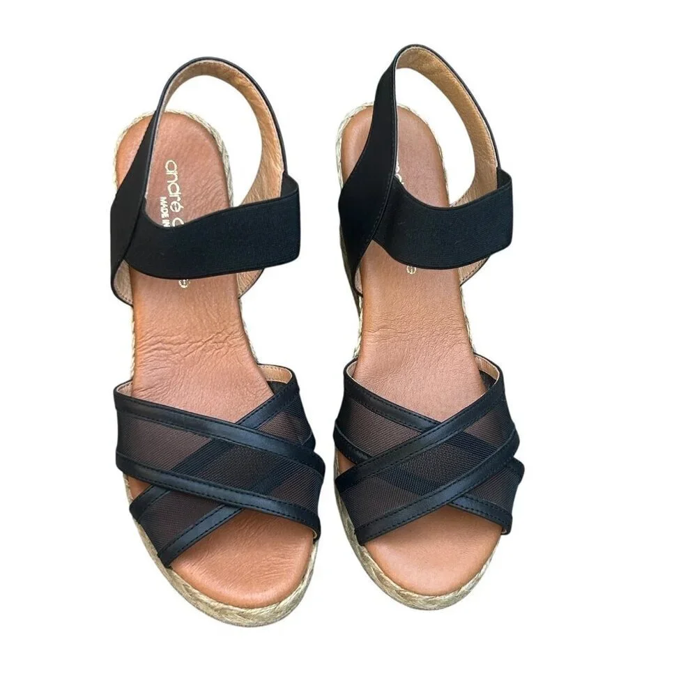 Andre Assoue Black Stretch Mesh Wedge Espadrille Sandals Size 37